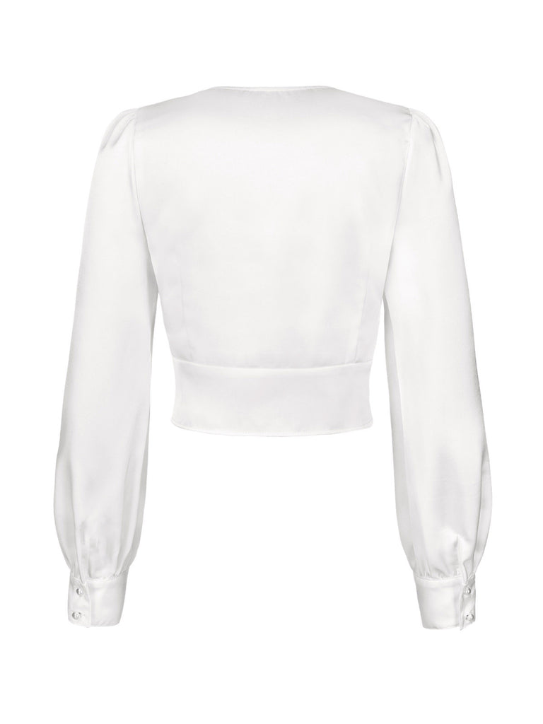 White 1940s Satin V-Neck Lantern Sleeves Blouse