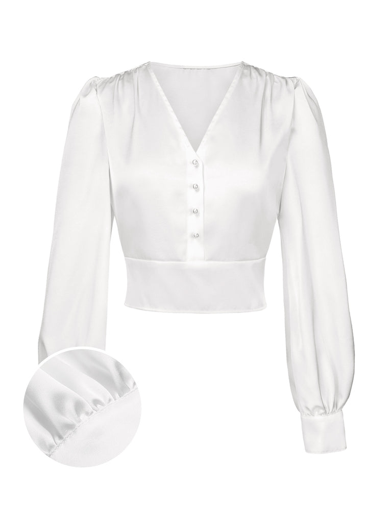 White 1940s Satin V-Neck Lantern Sleeves Blouse