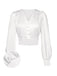 White 1940s Satin V-Neck Lantern Sleeves Blouse