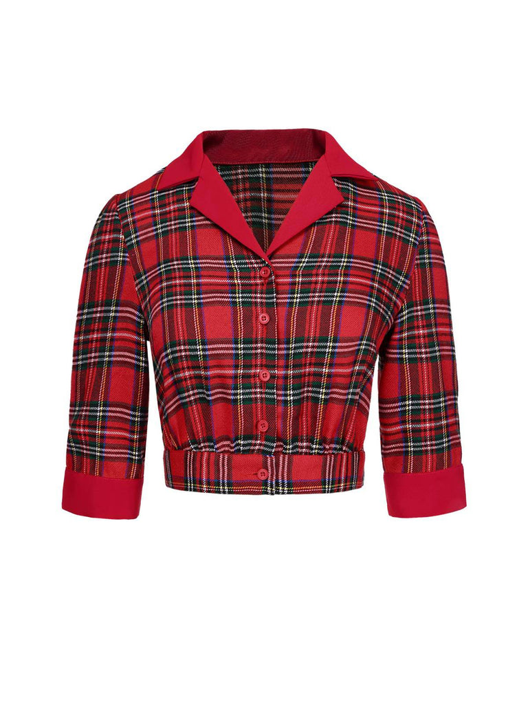 Red 1940s Scottish Plaid Cropped Shirt