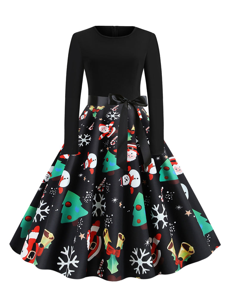 Black 1950s Christmas Print Belted Dress