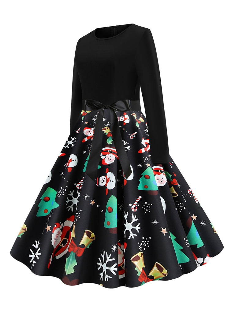 Black 1950s Christmas Print Belted Dress