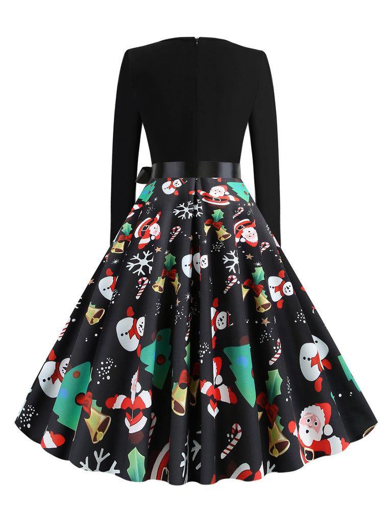 Black 1950s Christmas Print Belted Dress
