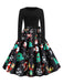Black 1950s Christmas Print Belted Dress