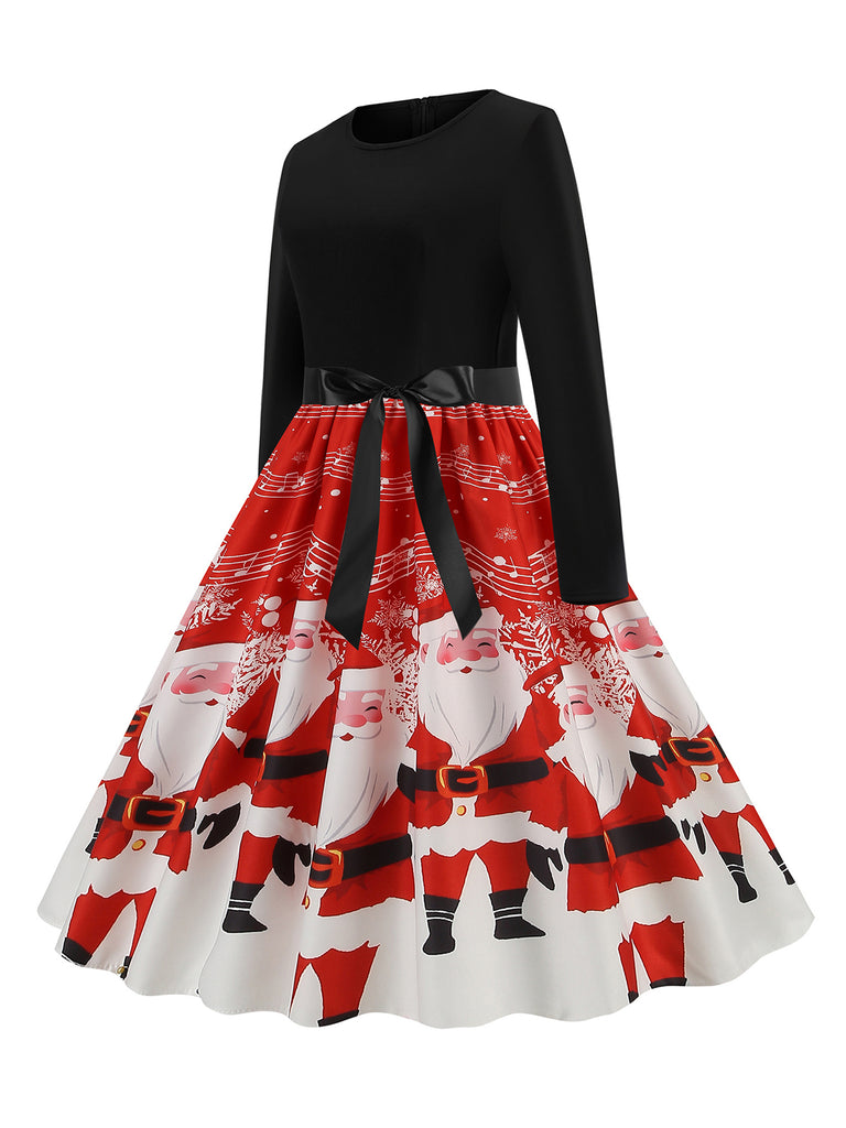 Black 1950s Christmas Print Belted Dress