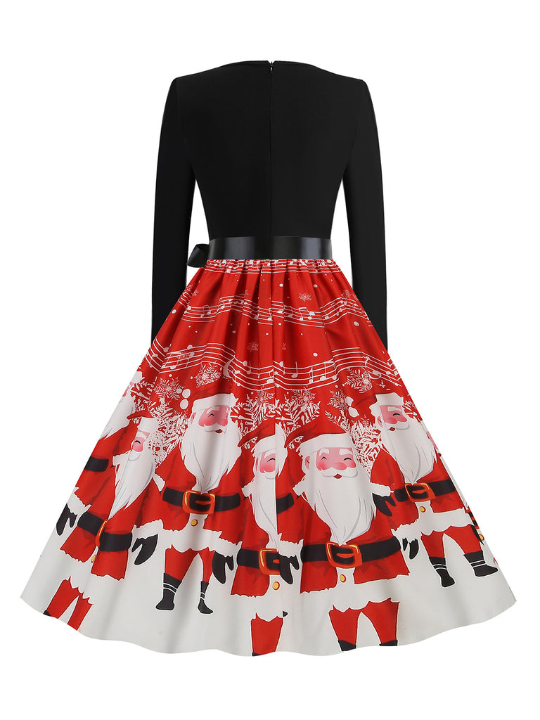 Black 1950s Christmas Print Belted Dress