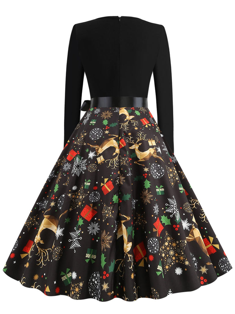 Black 1950s Christmas Print Belted Dress