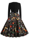 Black 1950s Christmas Print Belted Dress