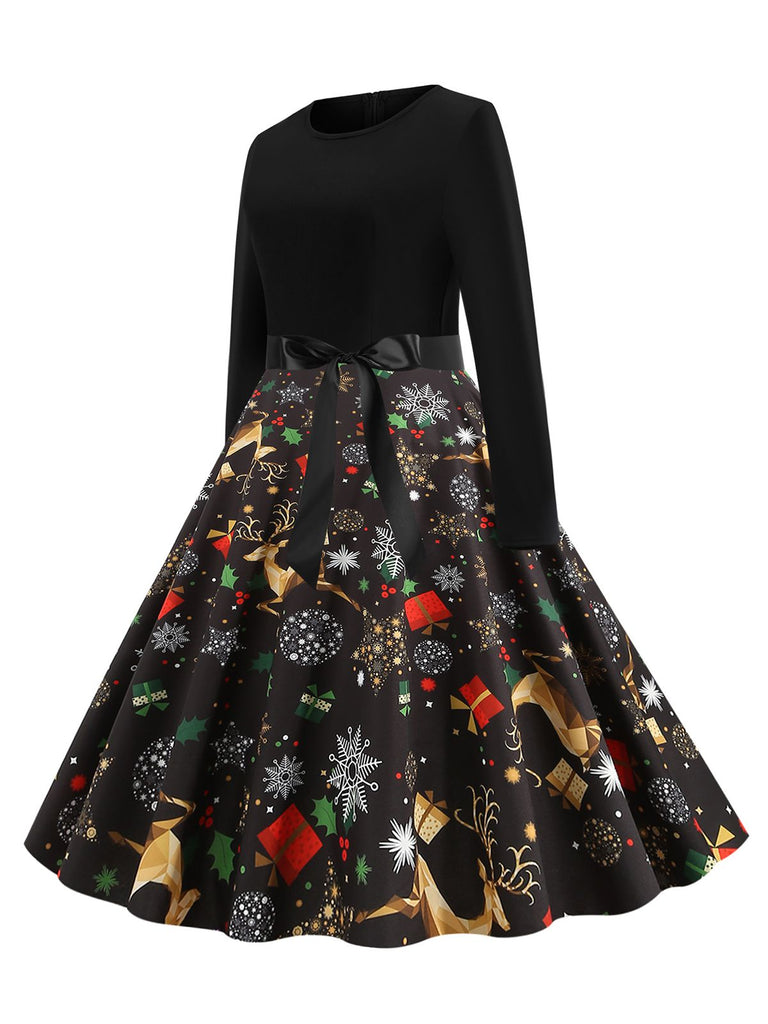Black 1950s Christmas Print Belted Dress
