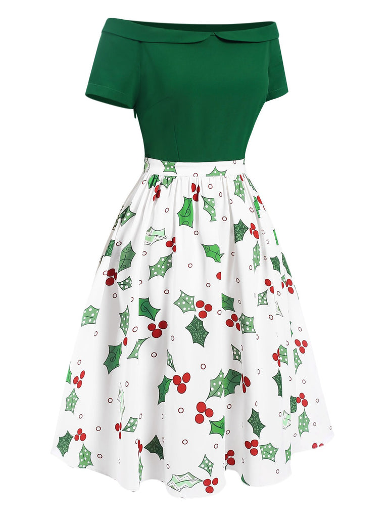 Green 1950s Off-Shoulder Christmas Patchwork Dress