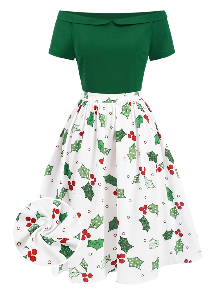 Green 1950s Off-Shoulder Christmas Patchwork Dress