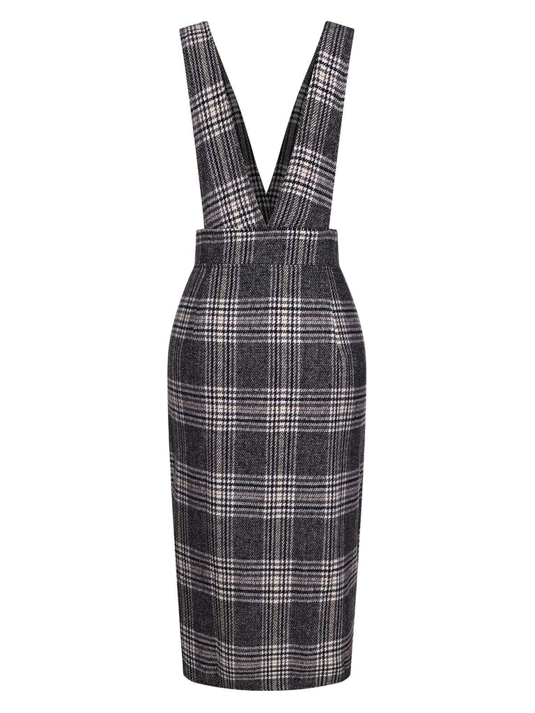 Grey 1960s Button Plaid Pinafore Dress