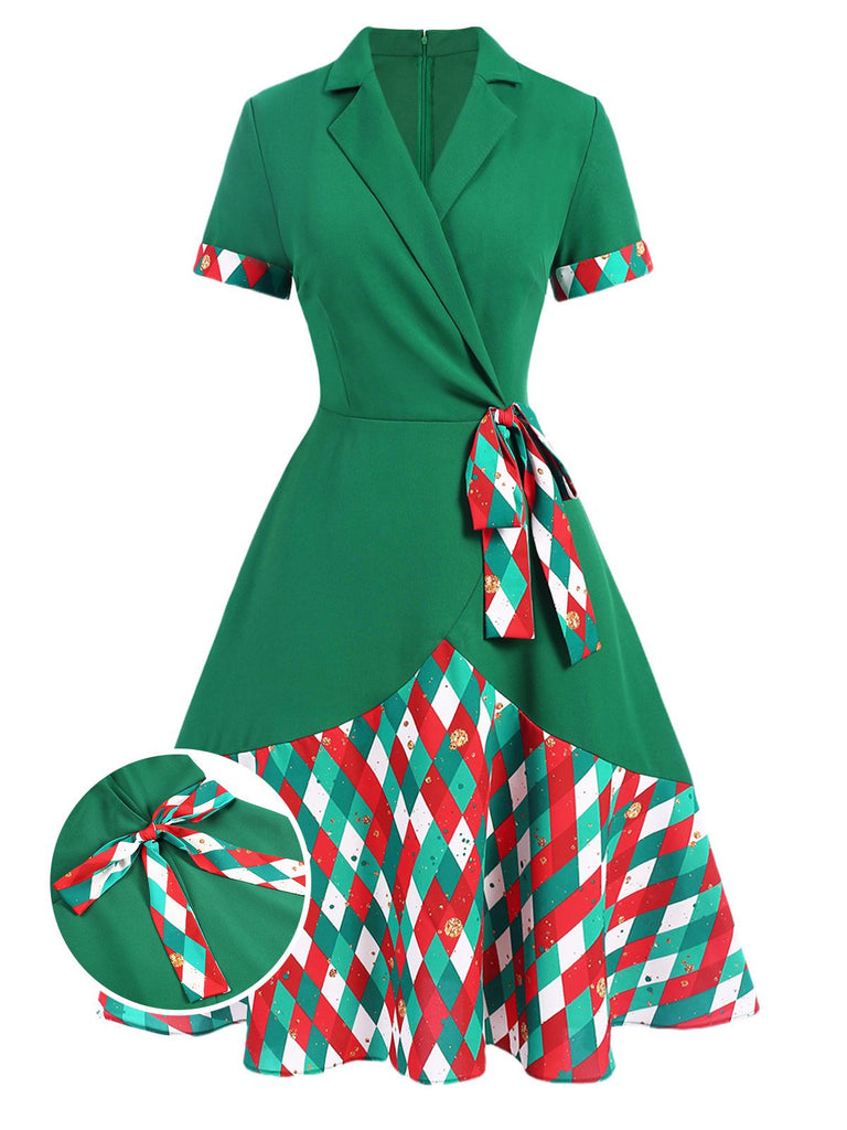 Green 1940s Colorful Plaid Notched Collar Dress