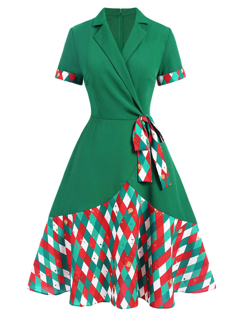 Green 1940s Colorful Plaid Notched Collar Dress