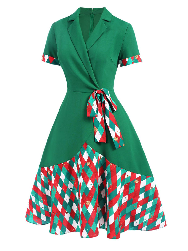 Green 1940s Colorful Plaid Notched Collar Dress