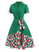 Green 1940s Colorful Plaid Notched Collar Dress