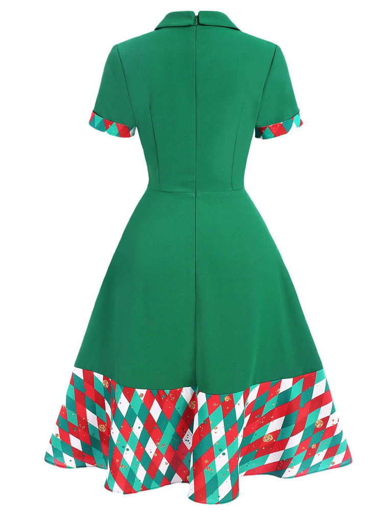 Green 1940s Colorful Plaid Notched Collar Dress
