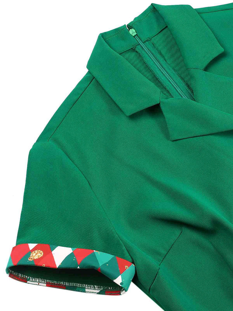 Green 1940s Colorful Plaid Notched Collar Dress