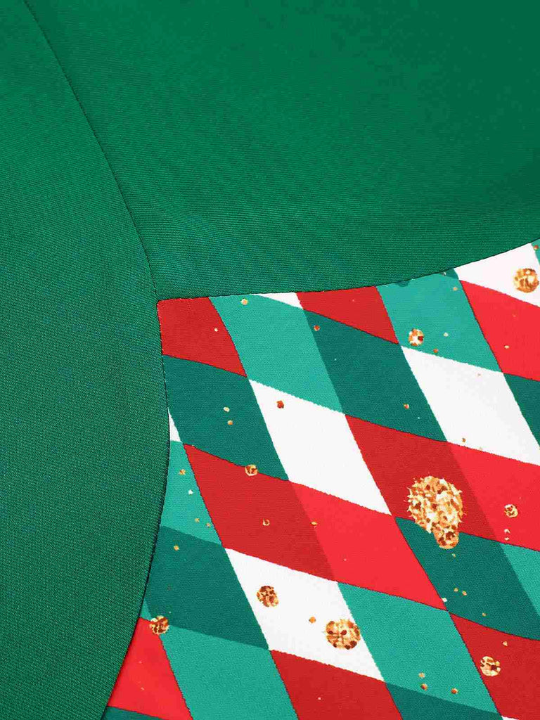 Green 1940s Colorful Plaid Notched Collar Dress