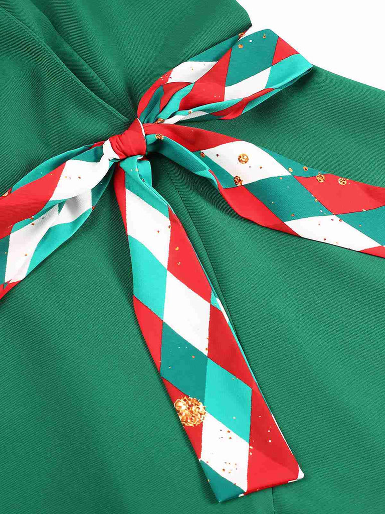 Green 1940s Colorful Plaid Notched Collar Dress