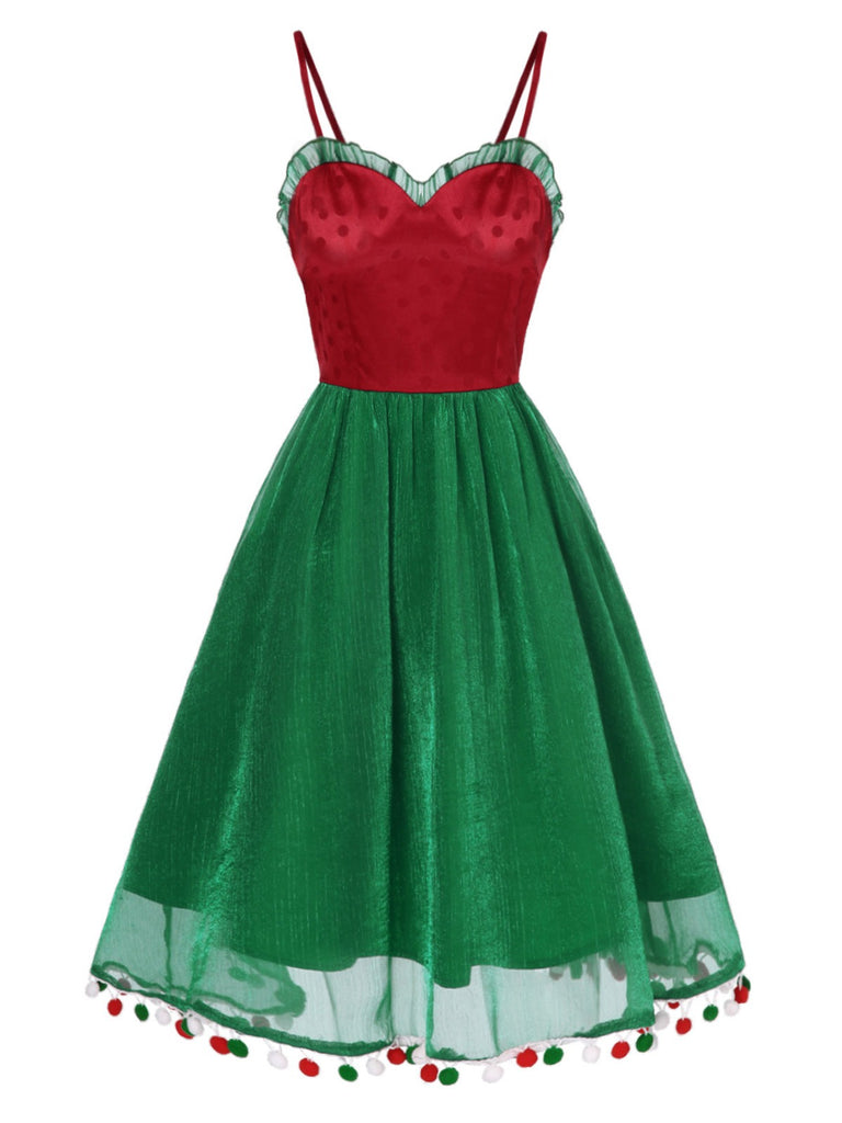 Red 1950s Christmas Polka Dot Mesh Dress
