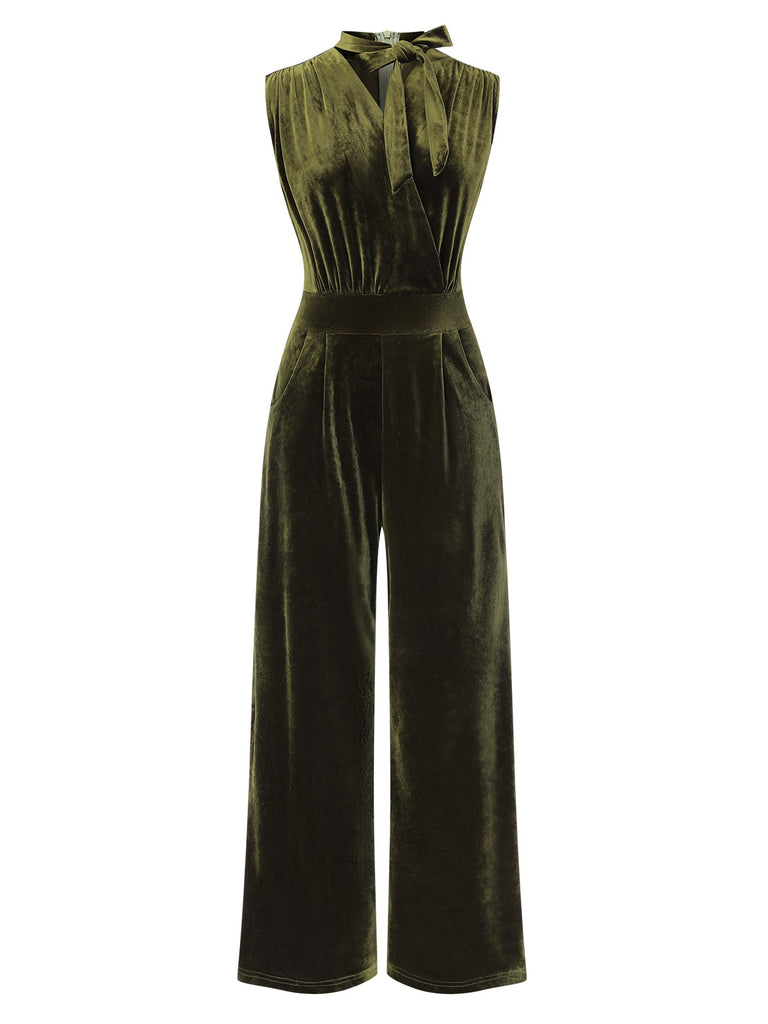 Green 1940s Tie Neck Velvet Jumpsuit