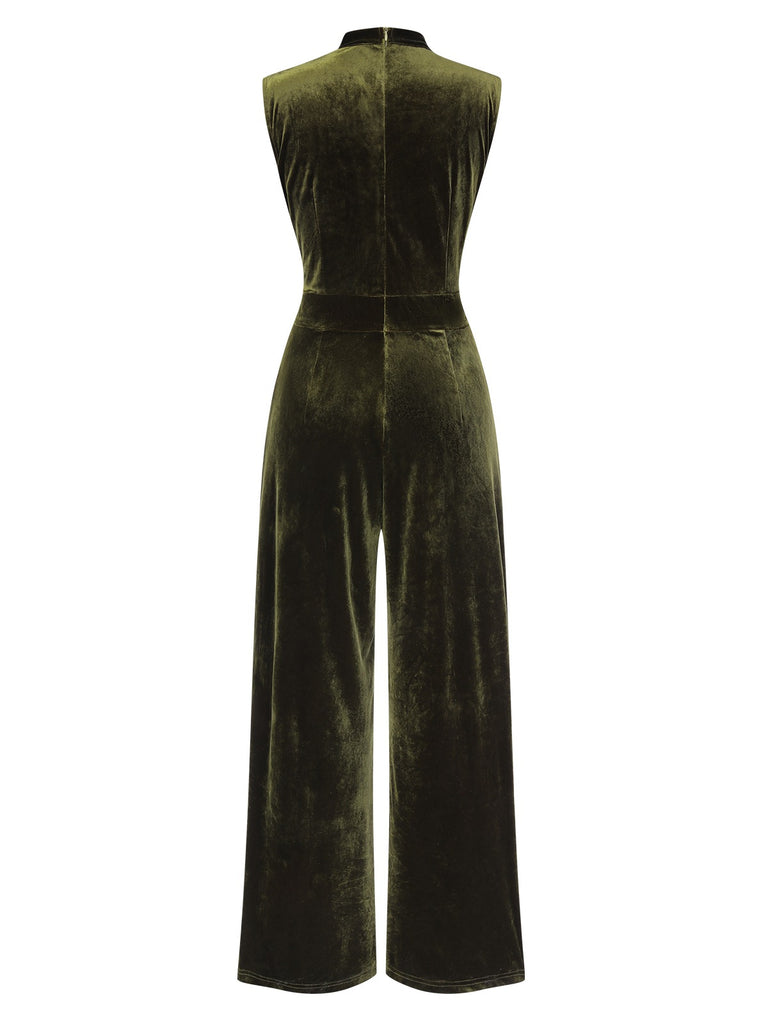 Green 1940s Tie Neck Velvet Jumpsuit