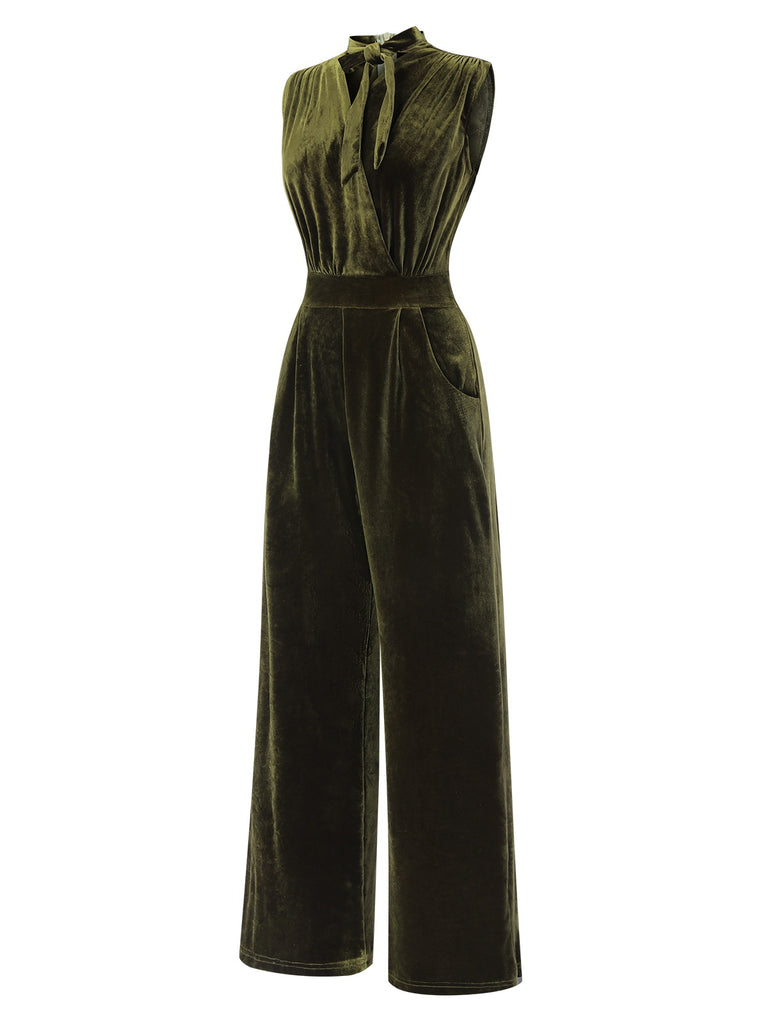 Green 1940s Tie Neck Velvet Jumpsuit