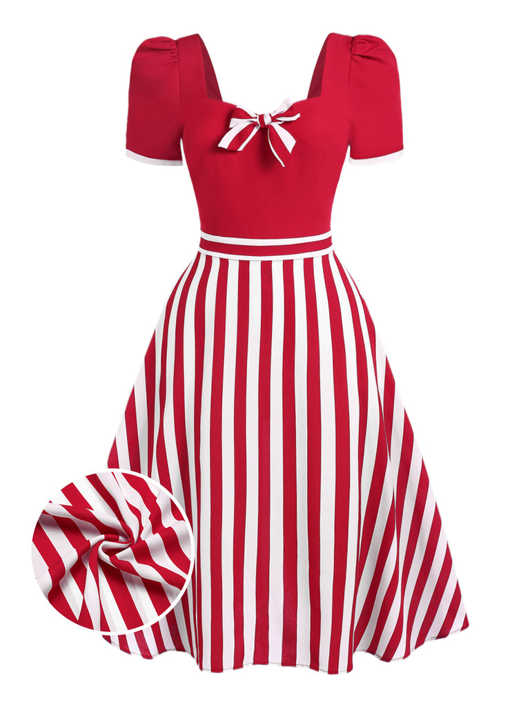 Red 1950s Striped Bow Dress