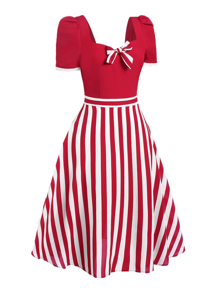 Red 1950s Striped Bow Dress
