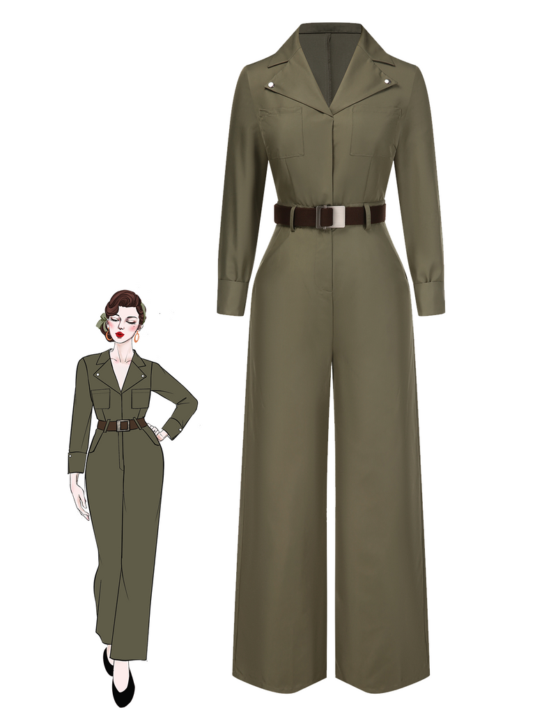 Green 1930s Solid Lapel Belted Jumpsuit