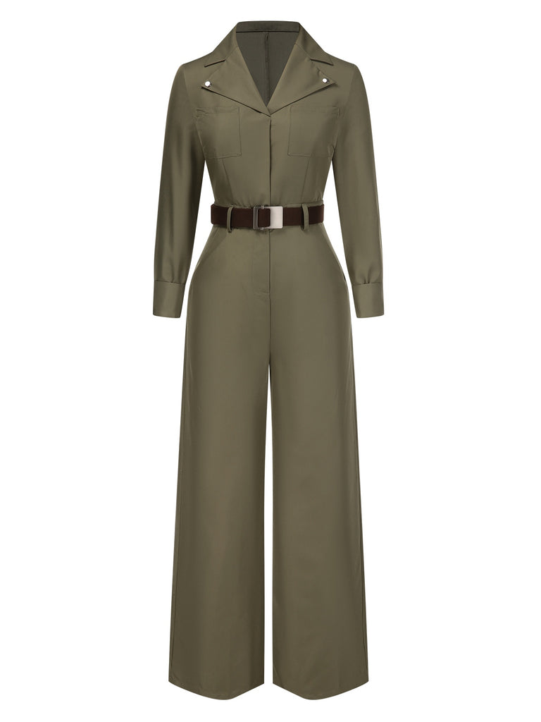 Green 1930s Solid Lapel Belted Jumpsuit