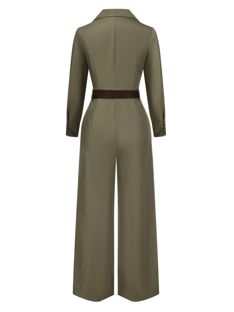 Green 1930s Solid Lapel Belted Jumpsuit