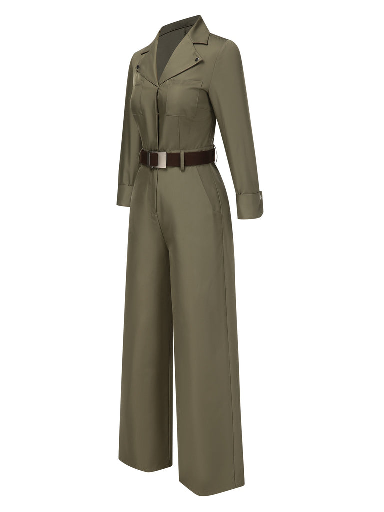Green 1930s Solid Lapel Belted Jumpsuit