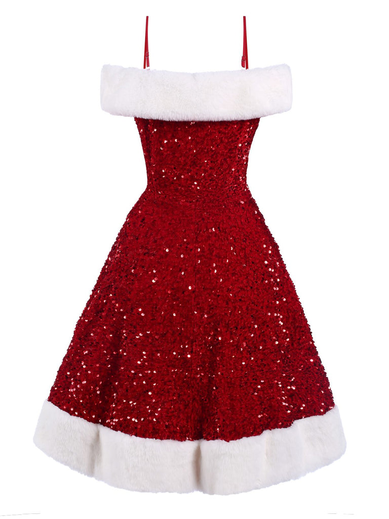 Red 1950s Cold-Shoulder Furry Sequined Dress
