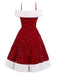 Red 1950s Cold-Shoulder Furry Sequined Dress