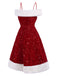 Red 1950s Cold-Shoulder Furry Sequined Dress