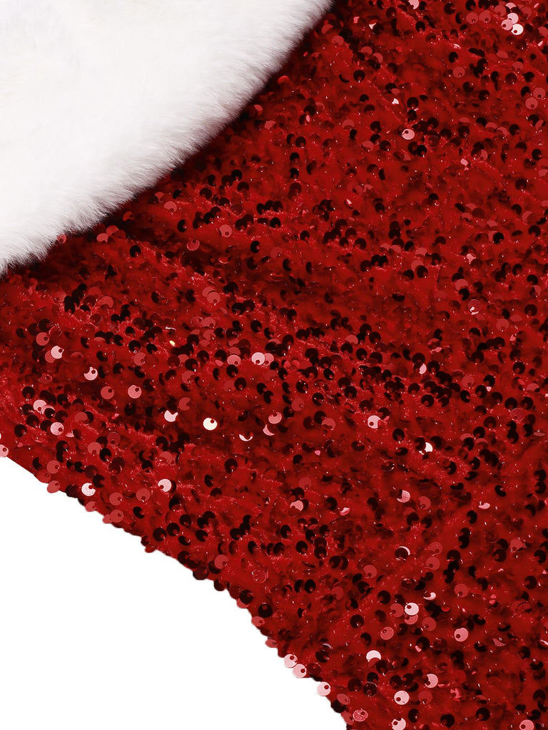 Red 1950s Cold-Shoulder Furry Sequined Dress