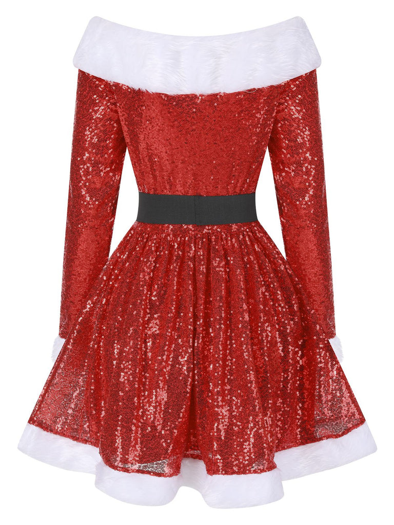 Red 1950s Christmas Off Shoulder Fur Belted Dress