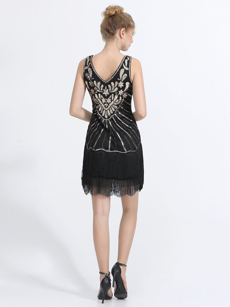 1920s V-Neck Plants Tassel Sequined Dress