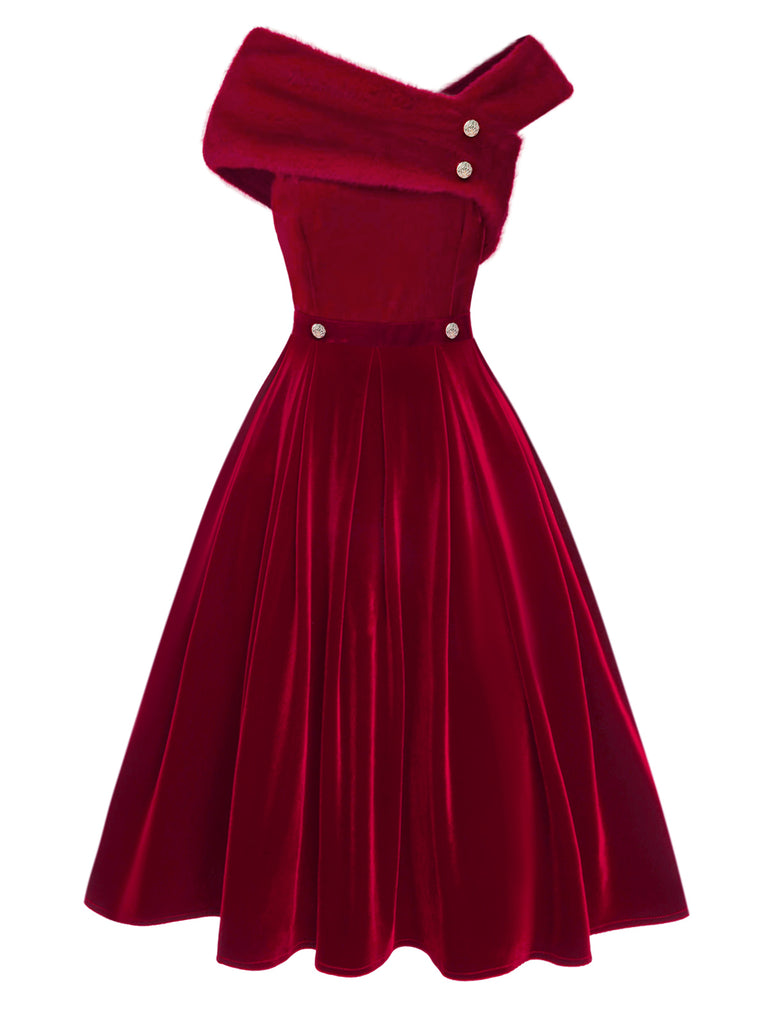 Red 1950s Off Shoulder Fur Button Velvet Dress