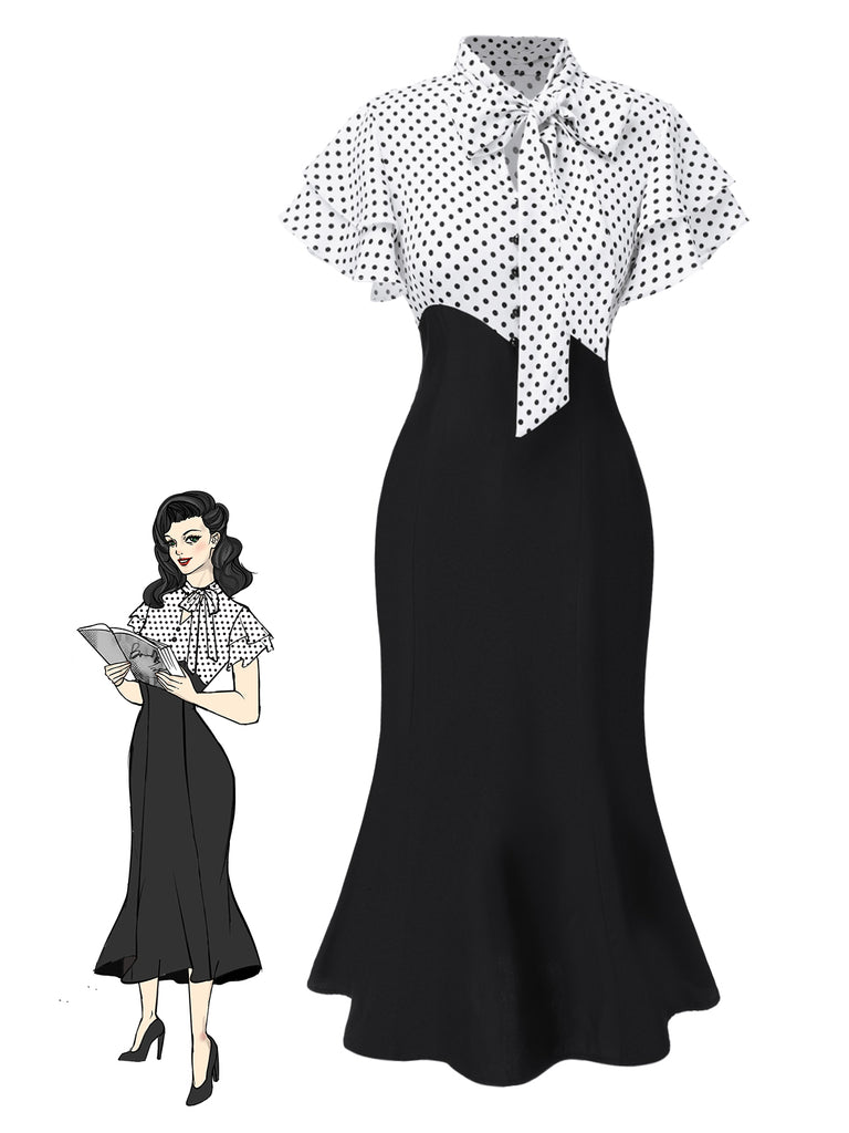 Black 1930s Dots Tie Neck Mermaid Dress