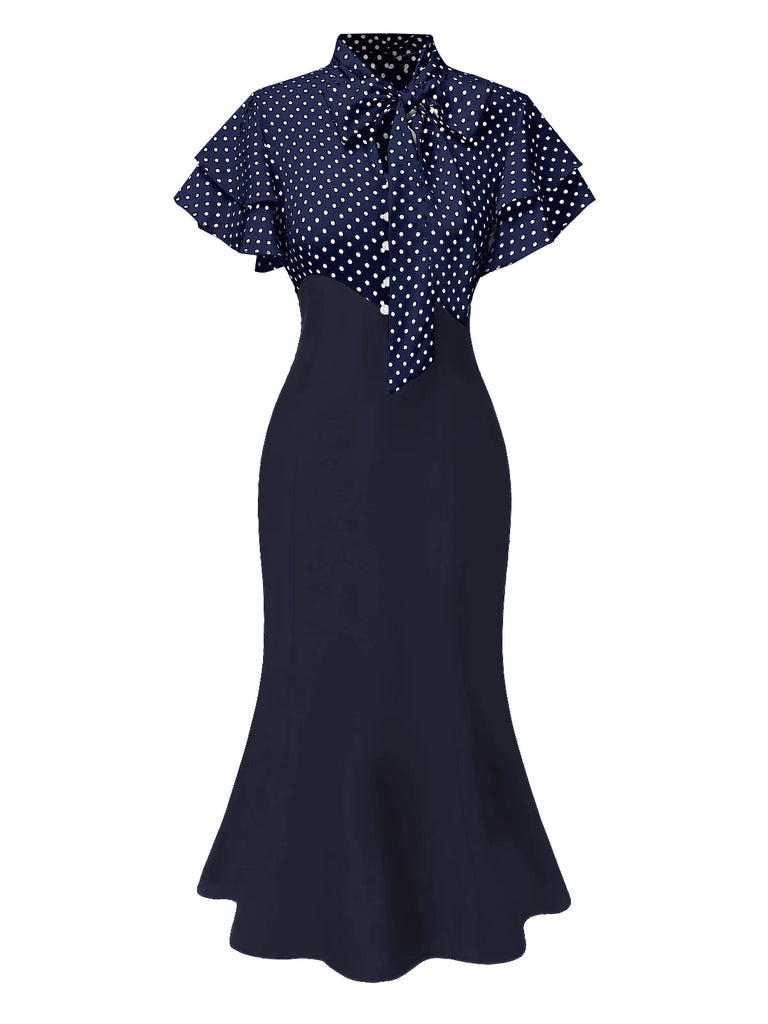 Black 1930s Dots Tie Neck Mermaid Dress