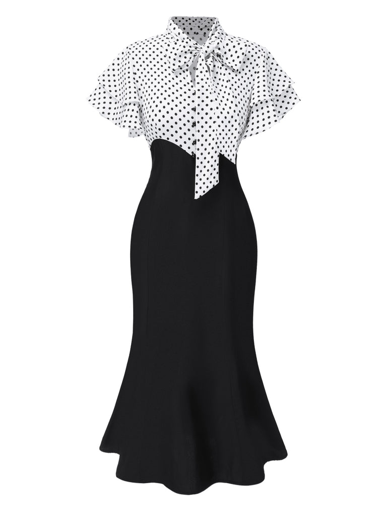 Black 1930s Dots Tie Neck Mermaid Dress