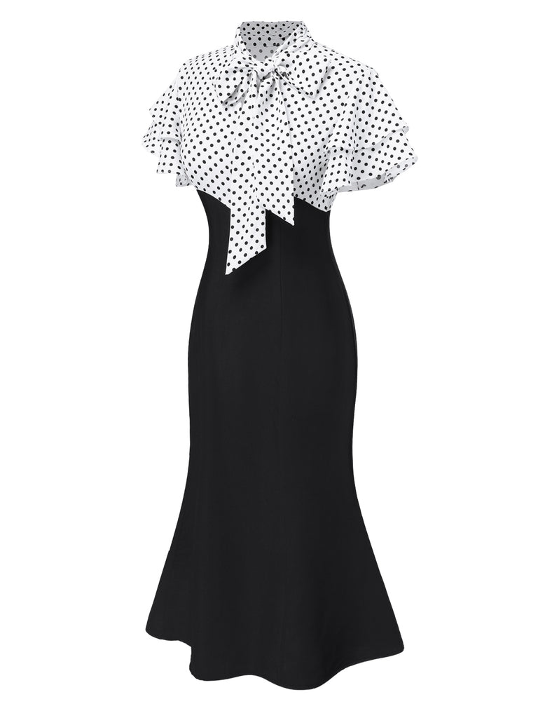 Black 1930s Dots Tie Neck Mermaid Dress