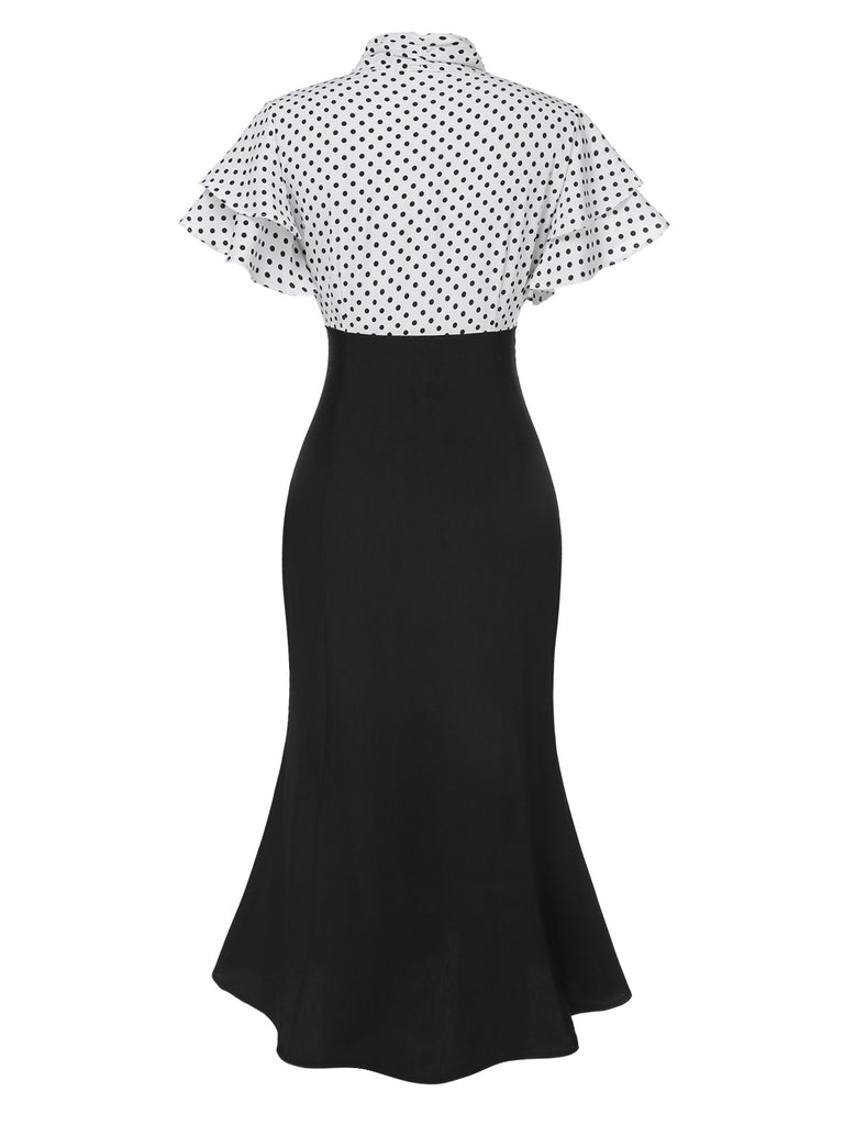 Black 1930s Dots Tie Neck Mermaid Dress