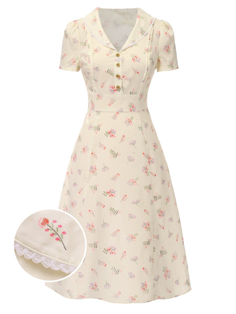 Pure Cotton Beige 1940s Puff Sleeves Floral Dress