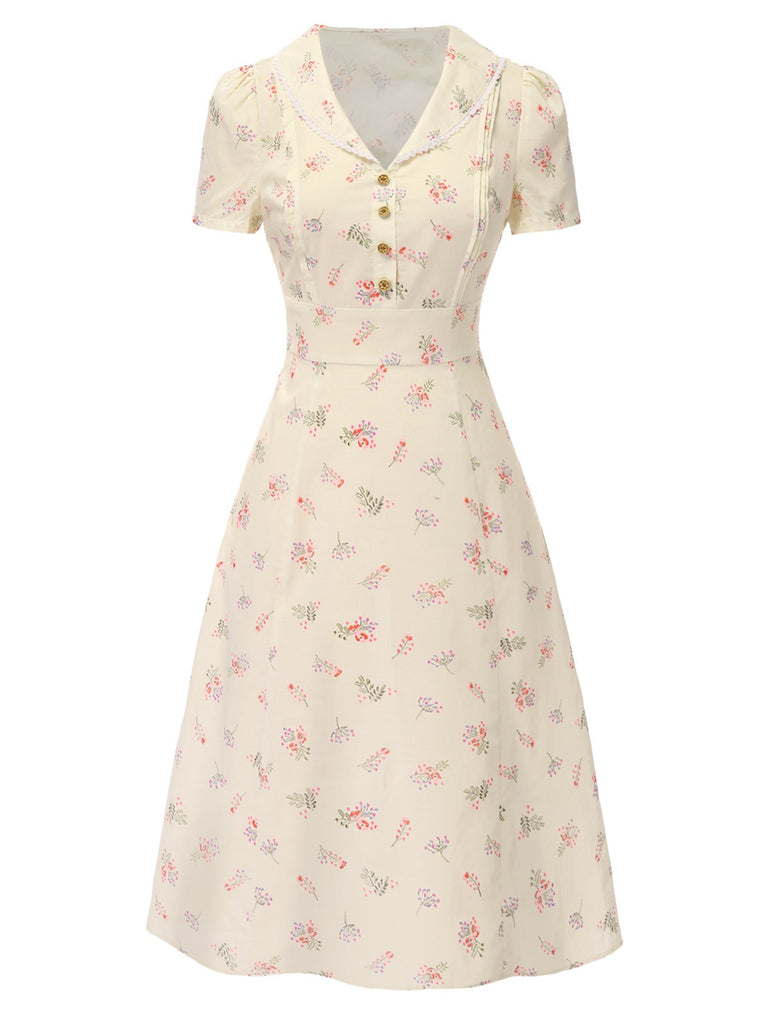 Pure Cotton Beige 1940s Puff Sleeves Floral Dress