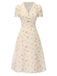 Pure Cotton Beige 1940s Puff Sleeves Floral Dress