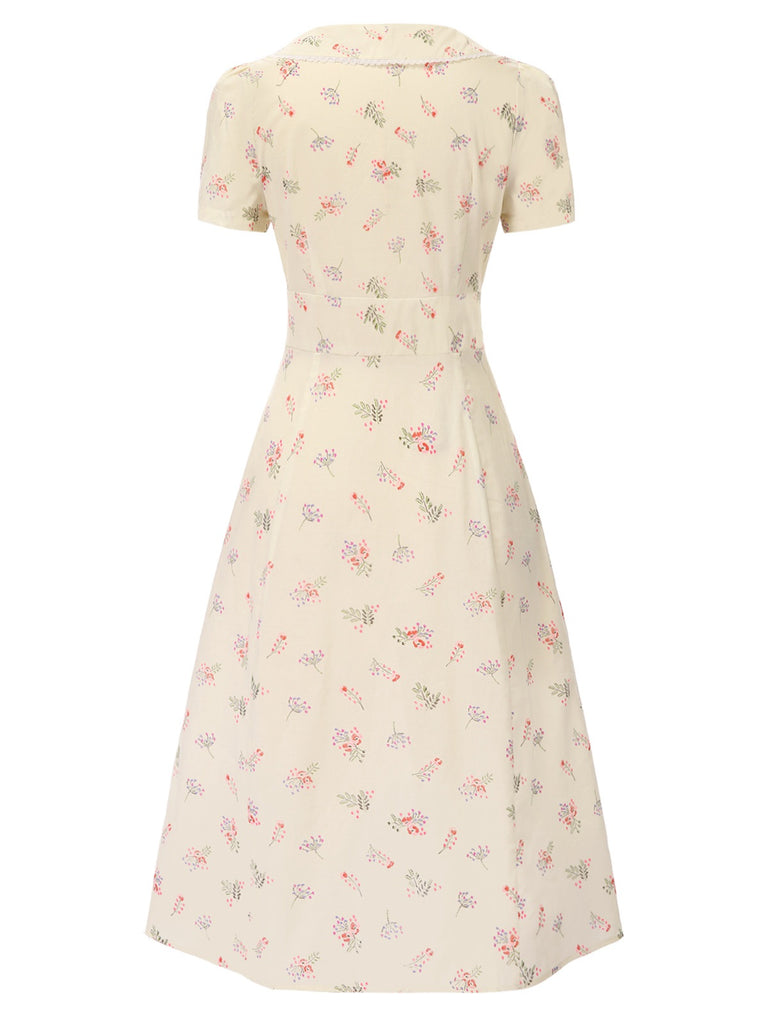 Pure Cotton Beige 1940s Puff Sleeves Floral Dress